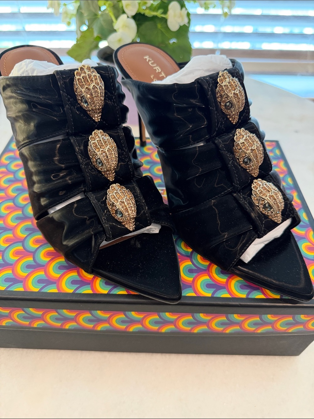 Kurt Geiger Black Ruched Pointed-Toe Embellished Mules, Fit 8.5